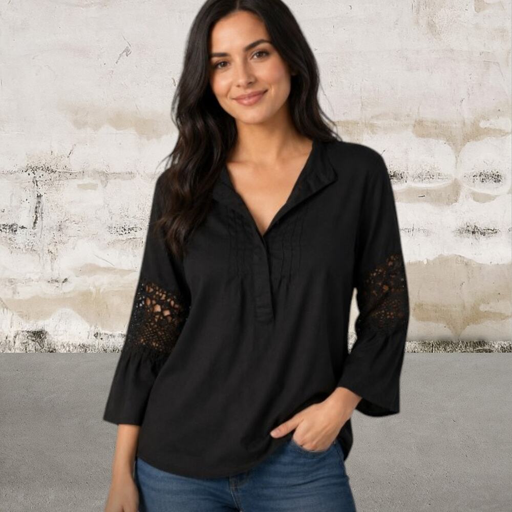 Lauren Ralph Lauren Women's Black Lace Sleeve Split Neck Blouse Size Medium